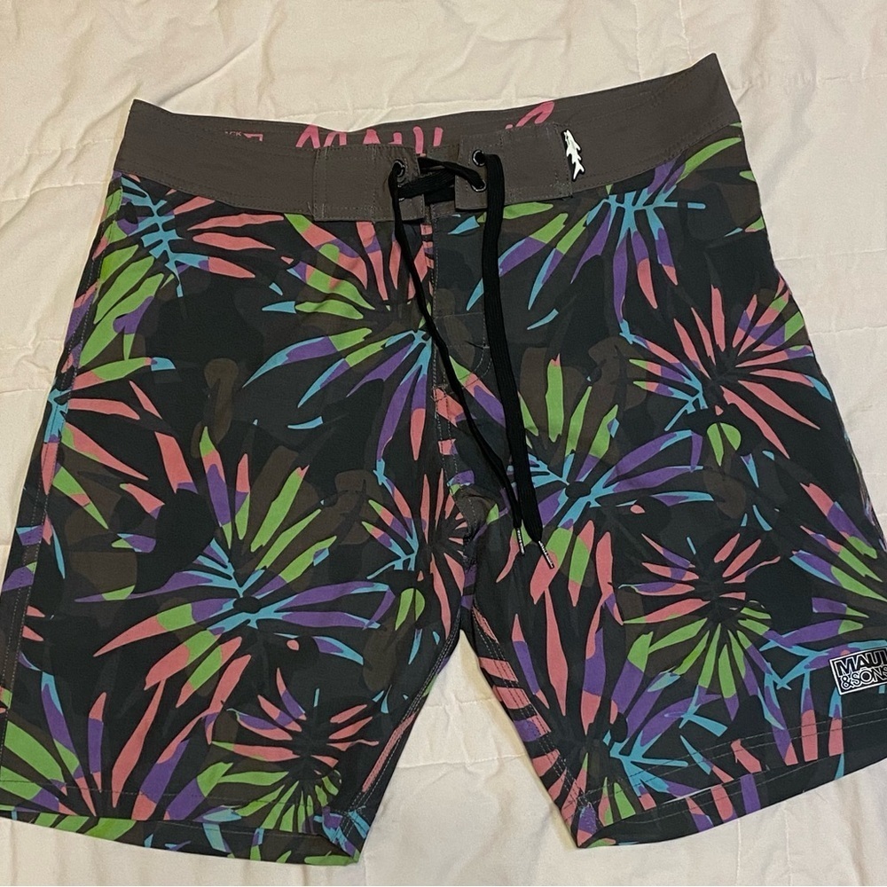 Maui and Sons Board Shorts Men’s Size 32 Tropical Palm / Neon Print Surf Trunks - Picture 2 of 9